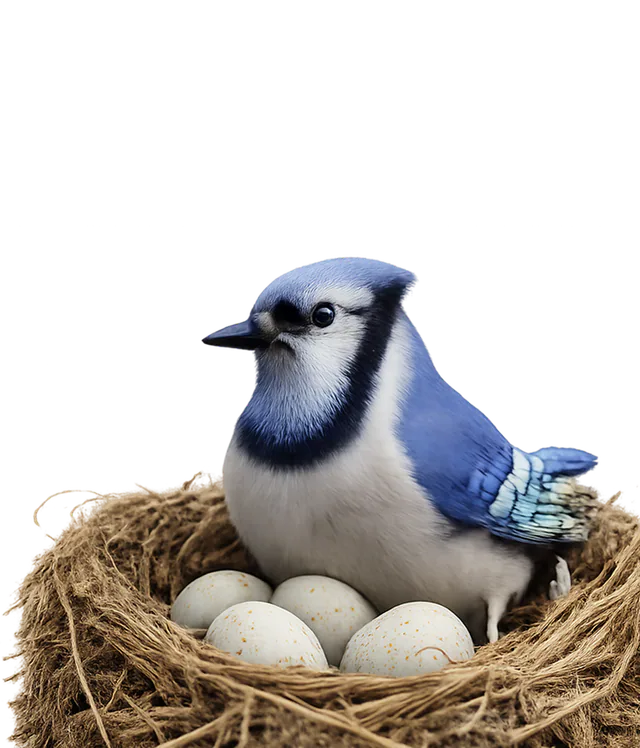 A blue jay sitting in a nest, representing ongoing financial planning and preparation