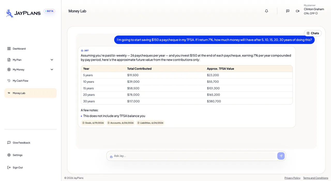 JayPlans Money Lab AI planning assistant preview